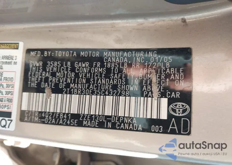 2005 Toyota Corolla Le z USA, uszkodzony, nr VIN 2T1BR30E35C432798